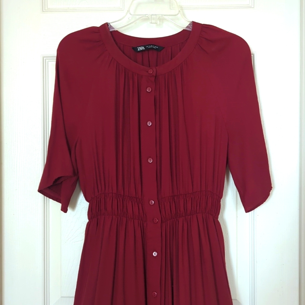 Zara Cranberry Button Front Accent Waist Dress Sm… - image 5